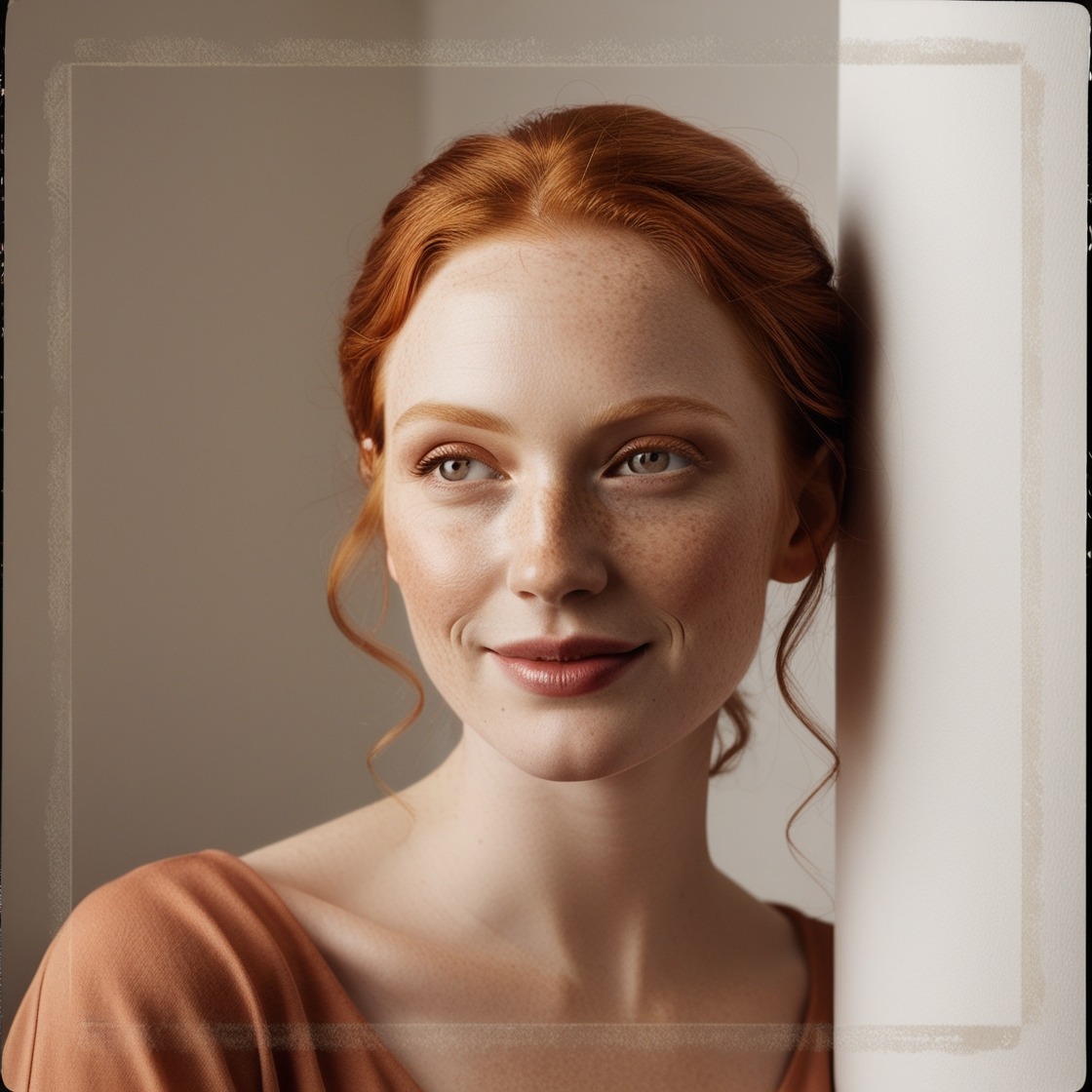studio portrait photography, ginger woman, skin complexions, natural light